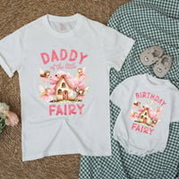Custom Matching Family Fairy Birthday Shirts with Cottage Artwork for Baby, Kids, Mom, Dad – Soft Cotton Tee & Romper for Special Occasions