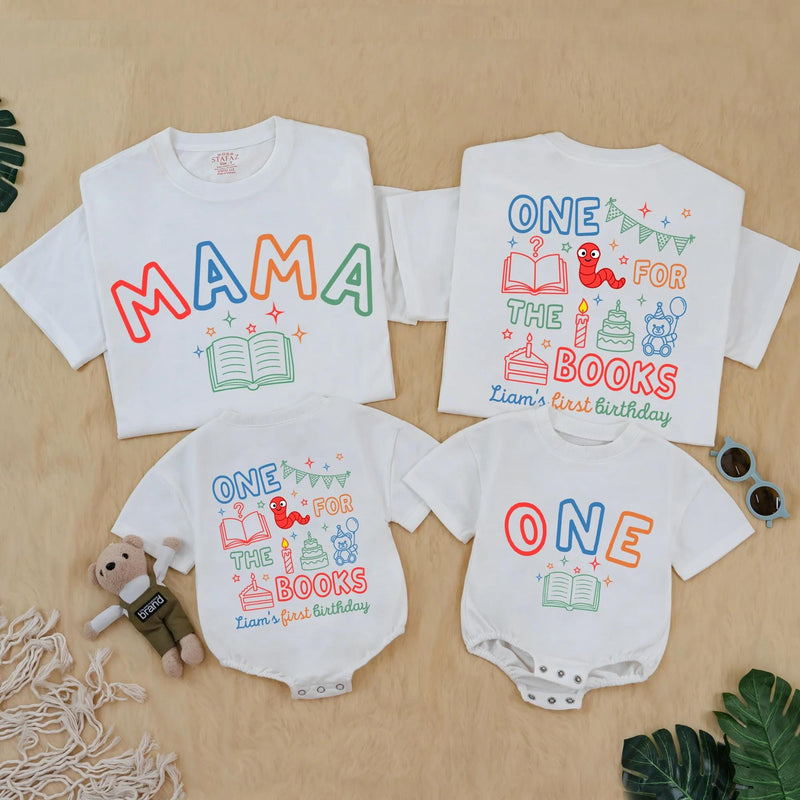 Custom Matching Family First Birthday Shirts, Mama and Baby One Bodysuit, Soft Cotton Outfit with Book Theme for First Birthday Party