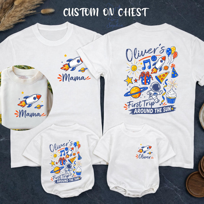Custom Matching Family First Birthday Shirts, Rocket and Space Theme, Personalized Baby Romper and Parent Tees, Soft Cotton Outfit