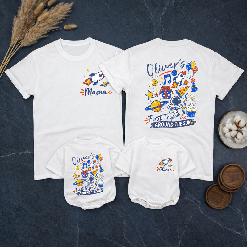 Custom Matching Family First Birthday Shirts, Rocket and Space Theme, Personalized Baby Romper and Parent Tees, Soft Cotton Outfit