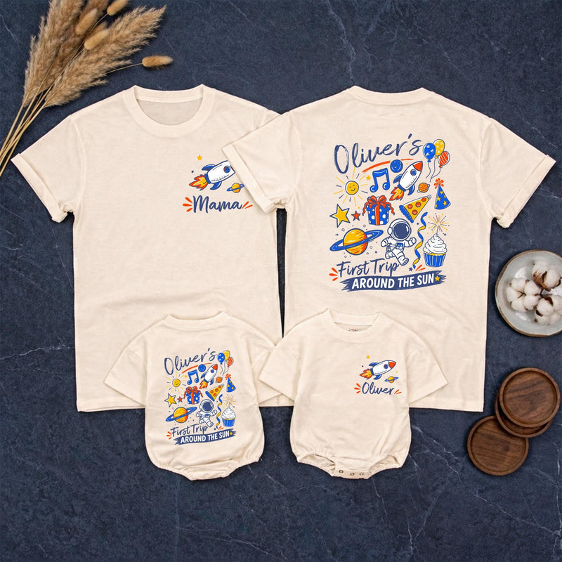 Custom Matching Family First Birthday Shirts, Rocket and Space Theme, Personalized Baby Romper and Parent Tees, Soft Cotton Outfit