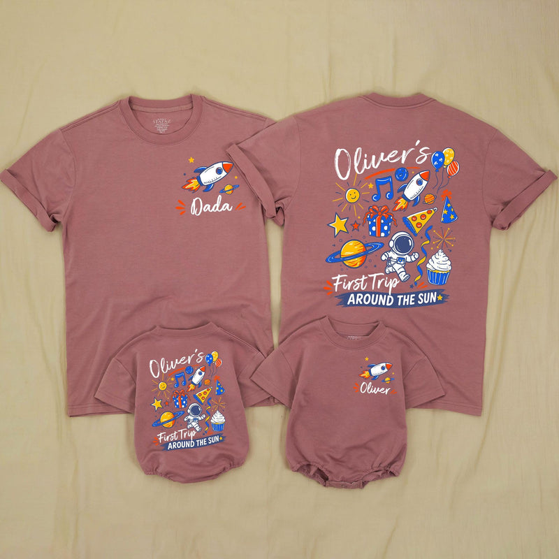 Custom Matching Family First Birthday Shirts, Rocket and Space Theme, Personalized Baby Romper and Parent Tees, Soft Cotton Outfit