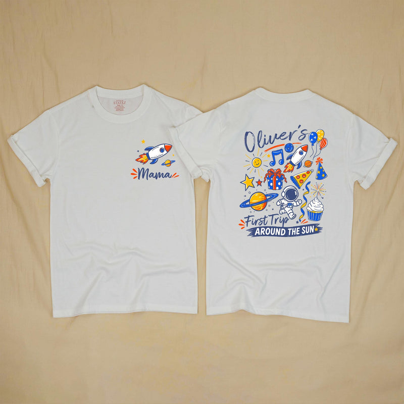 Custom Matching Family First Birthday Shirts, Rocket and Space Theme, Personalized Baby Romper and Parent Tees, Soft Cotton Outfit