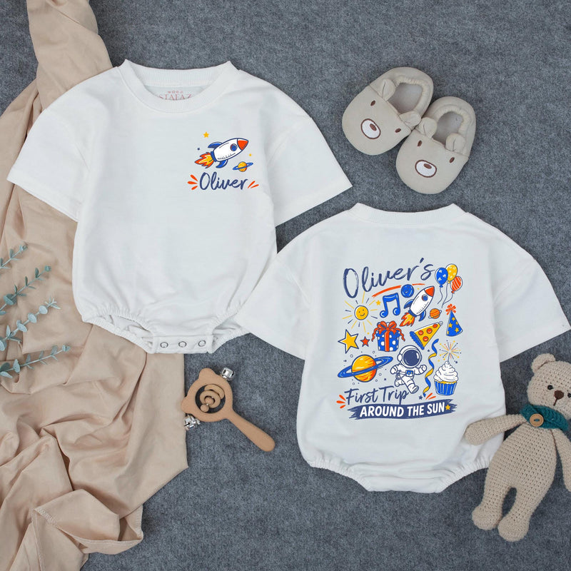 Custom Matching Family First Birthday Shirts, Rocket and Space Theme, Personalized Baby Romper and Parent Tees, Soft Cotton Outfit