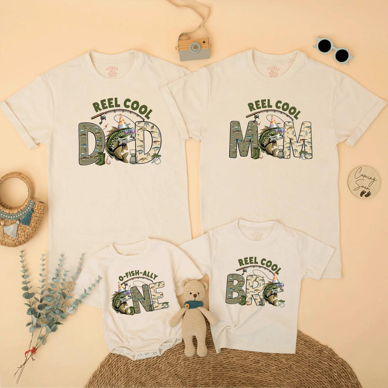 Custom Matching Family Fishing Shirts, Reel Cool Dad Mom Bro One Design, Soft Cotton 1st Birthday Outfit, Fishing Theme Party Tees