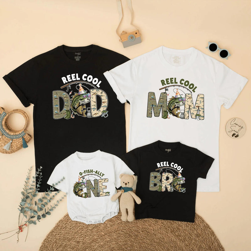 Custom Matching Family Fishing Shirts, Reel Cool Dad Mom Bro One Design, Soft Cotton 1st Birthday Outfit, Fishing Theme Party Tees