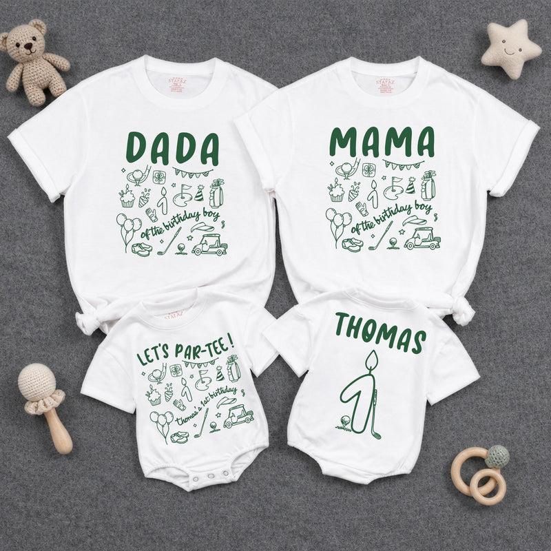 Custom Matching Family Golf Party Shirts for Baby's 1st Birthday, Soft Cotton Romper and Tees with Fun Golf-Themed Artwork