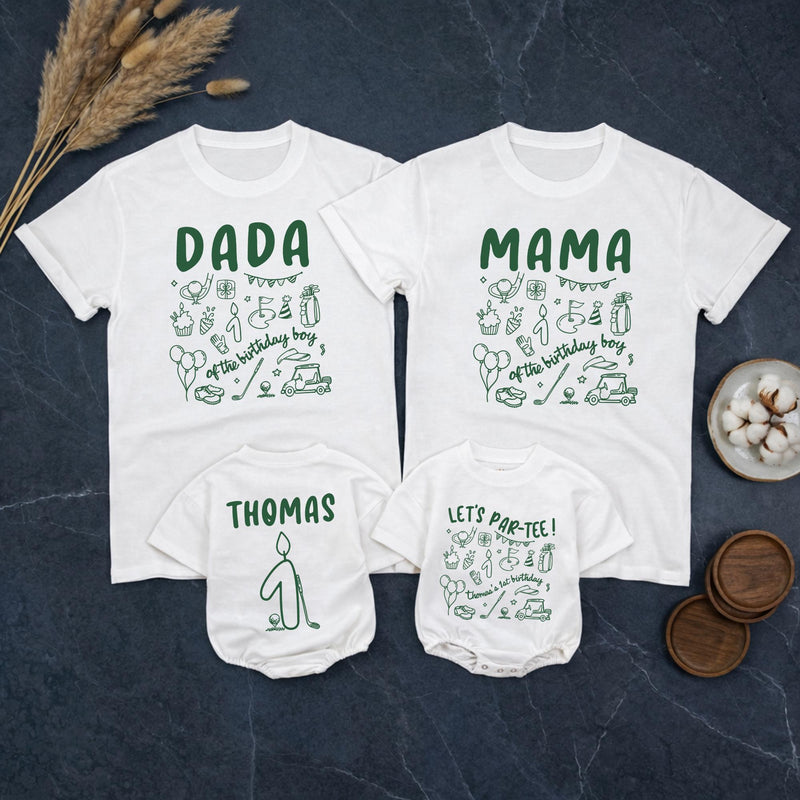 Custom Matching Family Golf Party Shirts for Baby's 1st Birthday, Soft Cotton Romper and Tees with Fun Golf-Themed Artwork