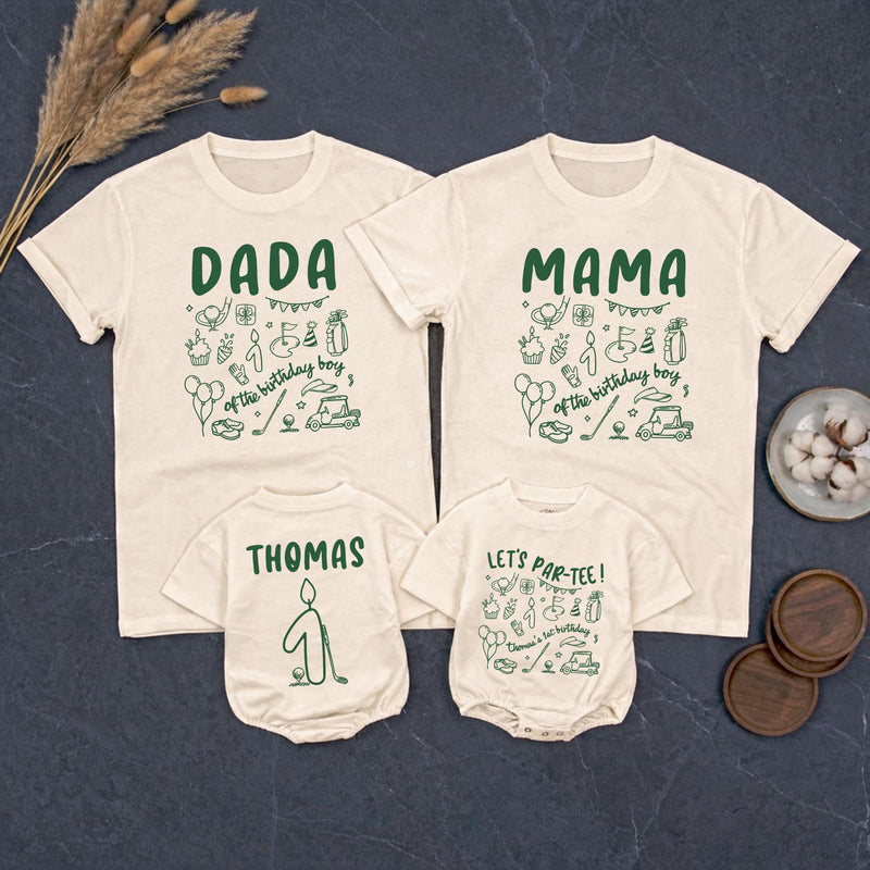 Custom Matching Family Golf Party Shirts for Baby's 1st Birthday, Soft Cotton Romper and Tees with Fun Golf-Themed Artwork