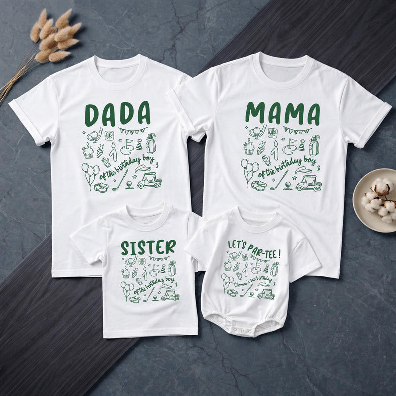 Custom Matching Family Golf Party Shirts for Baby's 1st Birthday, Soft Cotton Romper and Tees with Fun Golf-Themed Artwork