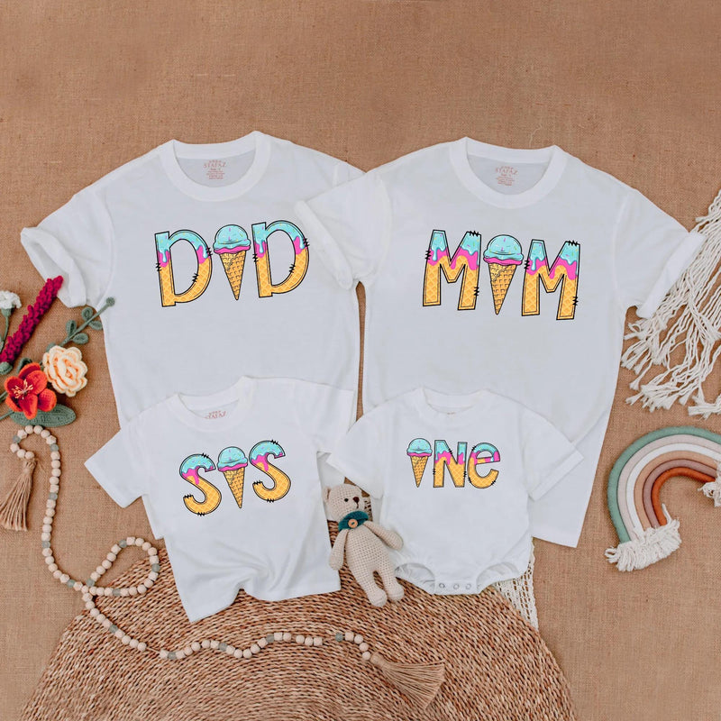Custom Matching Family Ice Cream Birthday Shirts, Soft Cotton Toddler Romper, Mom Dad Sis One-Year-Old Summer Party Outfit