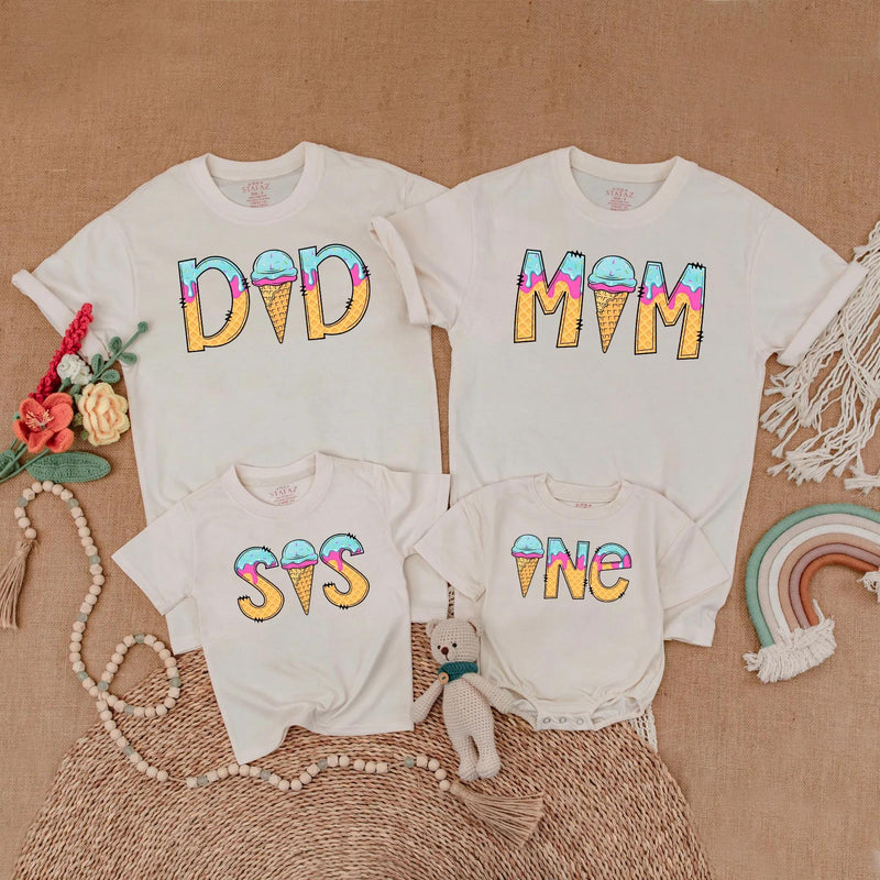 Custom Matching Family Ice Cream Birthday Shirts, Soft Cotton Toddler Romper, Mom Dad Sis One-Year-Old Summer Party Outfit