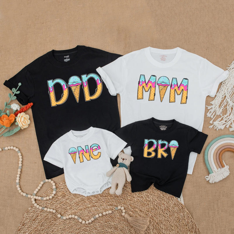 Custom Matching Family Ice Cream Birthday Shirts, Soft Cotton Toddler Romper, Mom Dad Sis One-Year-Old Summer Party Outfit