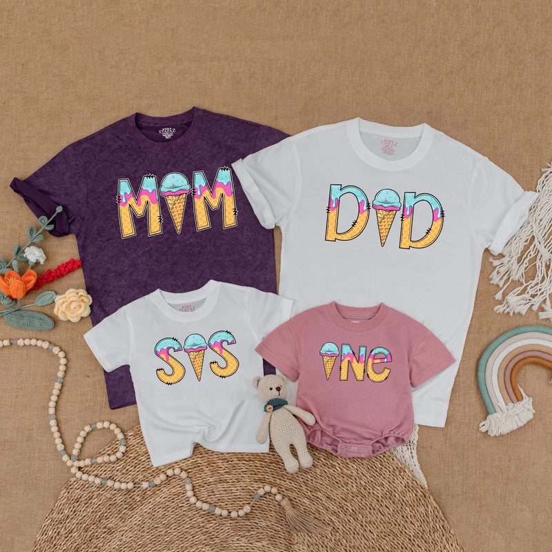 Custom Matching Family Ice Cream Birthday Shirts, Soft Cotton Toddler Romper, Mom Dad Sis One-Year-Old Summer Party Outfit
