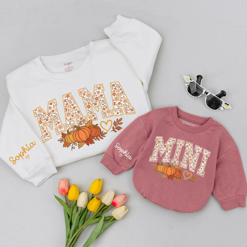 Custom Matching Family Pumpkin Sweatshirts with Mama, Dada, Mini Fall Floral Design, Soft Cotton for Baby, Kids, Parents, Perfect for Autumn