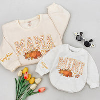 Custom Matching Family Pumpkin Sweatshirts with Mama, Dada, Mini Fall Floral Design, Soft Cotton for Baby, Kids, Parents, Perfect for Autumn