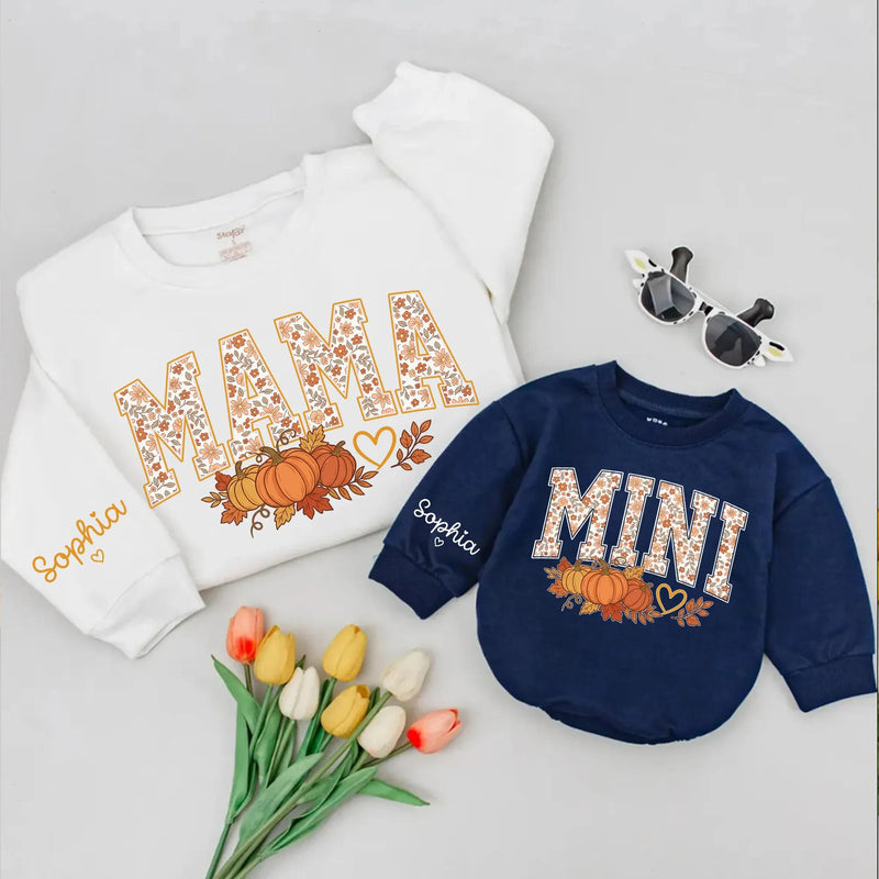 Custom Matching Family Pumpkin Sweatshirts with Mama, Dada, Mini Fall Floral Design, Soft Cotton for Baby, Kids, Parents, Perfect for Autumn