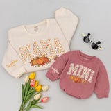 Custom Matching Family Pumpkin Sweatshirts with Mama, Dada, Mini Fall Floral Design, Soft Cotton for Baby, Kids, Parents, Perfect for Autumn