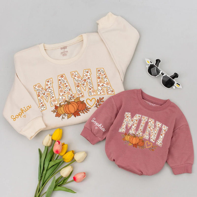 Custom Matching Family Pumpkin Sweatshirts with Mama, Dada, Mini Fall Floral Design, Soft Cotton for Baby, Kids, Parents, Perfect for Autumn