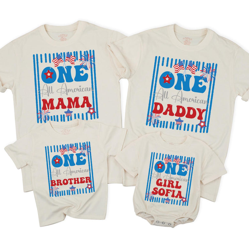 Custom Matching Family Shirts for Baby's First Birthday with Patriotic 'One All American' Design, Soft Cotton Outfit for July 4th Celebrations