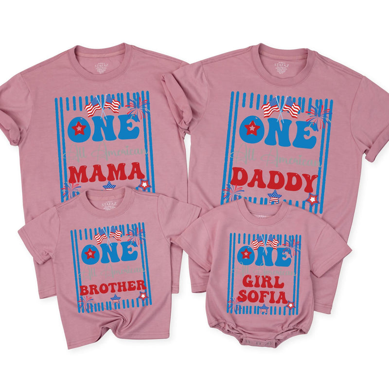 Custom Matching Family Shirts for Baby's First Birthday with Patriotic 'One All American' Design, Soft Cotton Outfit for July 4th Celebrations