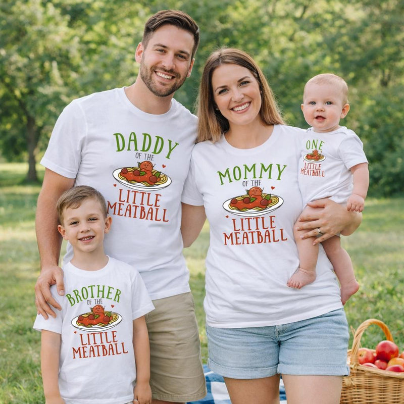Custom Matching Family Shirts with 'Little Meatball' Artwork for Baby's 1st Birthday, Soft Cotton Outfits for Mom, Dad, and Siblings