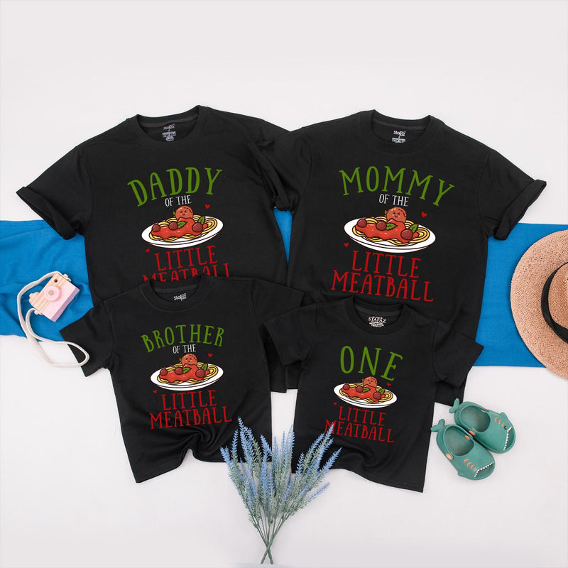 Custom Matching Family Shirts with 'Little Meatball' Artwork for Baby's 1st Birthday, Soft Cotton Outfits for Mom, Dad, and Siblings