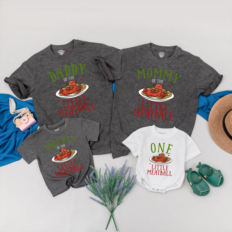 Custom Matching Family Shirts with 'Little Meatball' Artwork for Baby's 1st Birthday, Soft Cotton Outfits for Mom, Dad, and Siblings