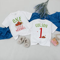 Custom Matching Family Shirts with 'Little Meatball' Artwork for Baby's 1st Birthday, Soft Cotton Outfits for Mom, Dad, and Siblings