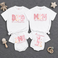 Custom Matching Family Shirts with Silly Goose Artwork for Baby's 1st Birthday, Soft Cotton Romper and Tees, Perfect for Celebrations