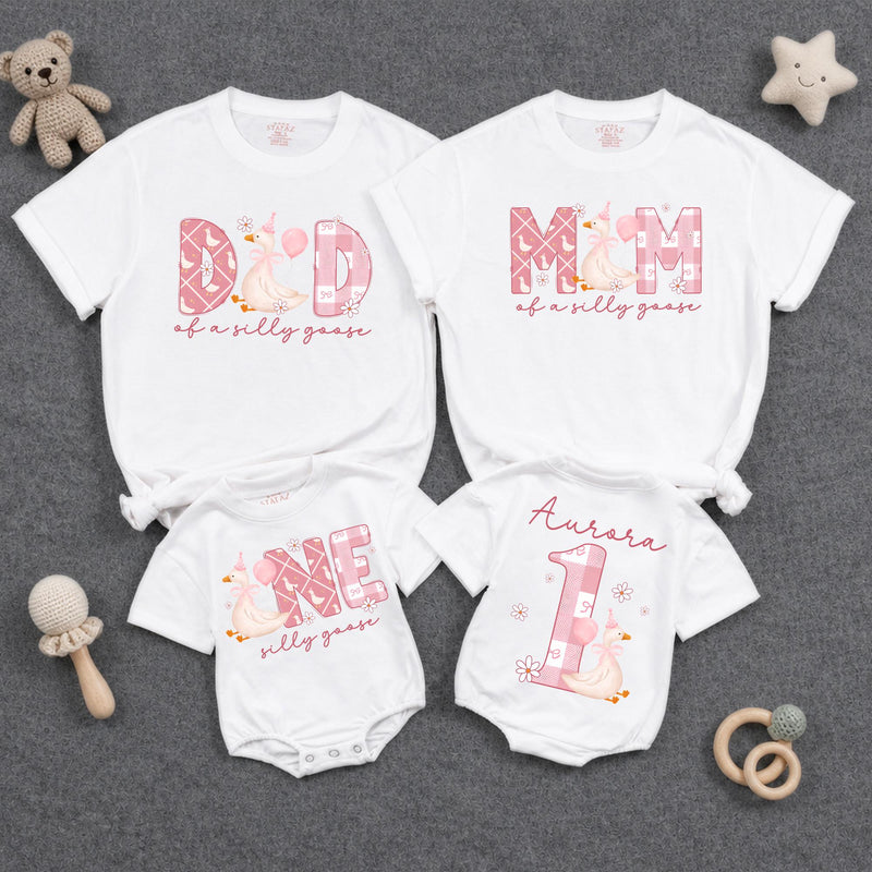 Custom Matching Family Shirts with Silly Goose Artwork for Baby's 1st Birthday, Soft Cotton Romper and Tees, Perfect for Celebrations