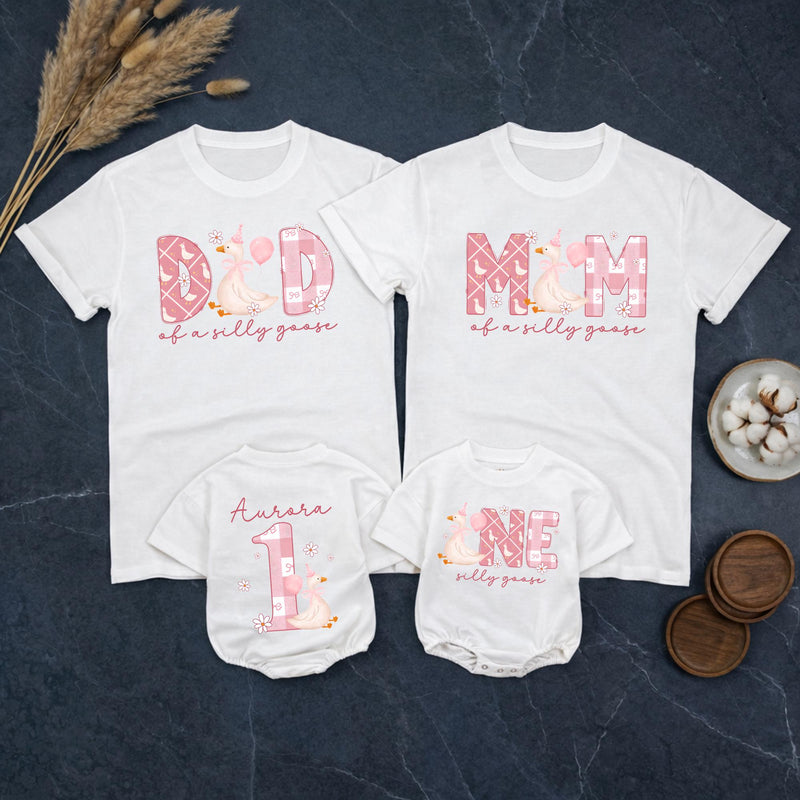 Custom Matching Family Shirts with Silly Goose Artwork for Baby's 1st Birthday, Soft Cotton Romper and Tees, Perfect for Celebrations