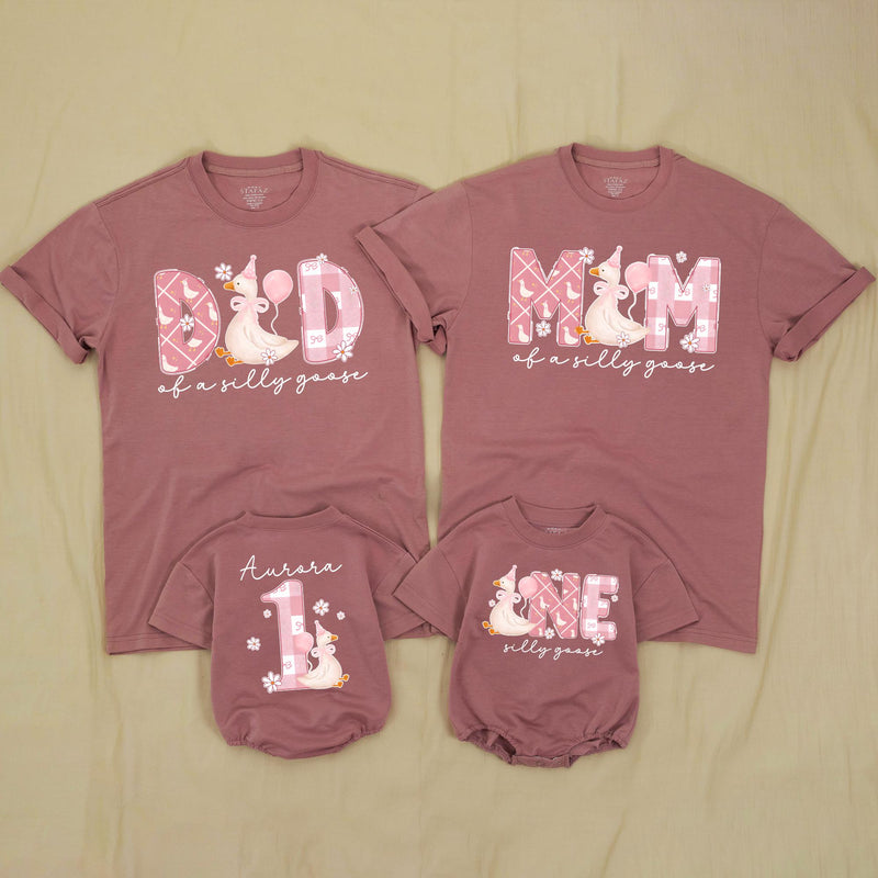 Custom Matching Family Shirts with Silly Goose Artwork for Baby's 1st Birthday, Soft Cotton Romper and Tees, Perfect for Celebrations