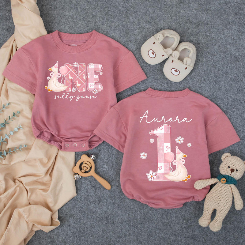 Custom Matching Family Shirts with Silly Goose Artwork for Baby's 1st Birthday, Soft Cotton Romper and Tees, Perfect for Celebrations