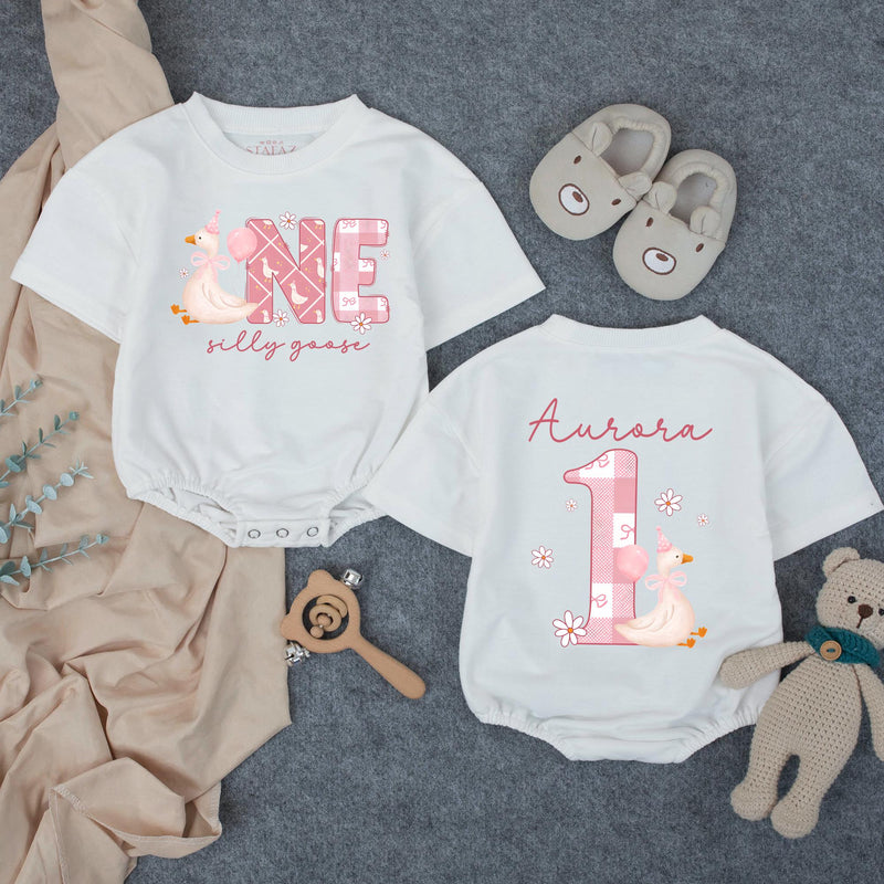 Custom Matching Family Shirts with Silly Goose Artwork for Baby's 1st Birthday, Soft Cotton Romper and Tees, Perfect for Celebrations
