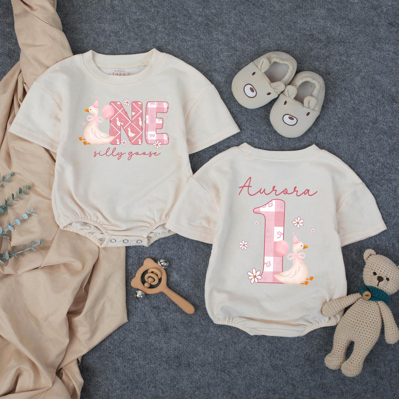 Custom Matching Family Shirts with Silly Goose Artwork for Baby's 1st Birthday, Soft Cotton Romper and Tees, Perfect for Celebrations