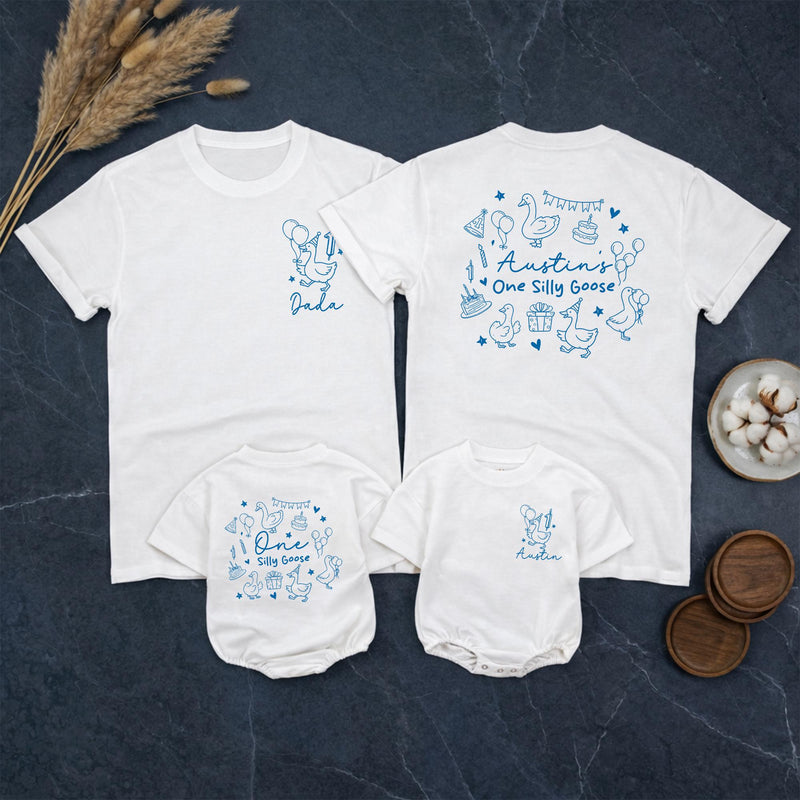 Custom Matching Family Shirts with Silly Goose Artwork, Personalized 1st Birthday Outfit for Baby Boy, Toddler, Mom, Dad, Soft Cotton Tee
