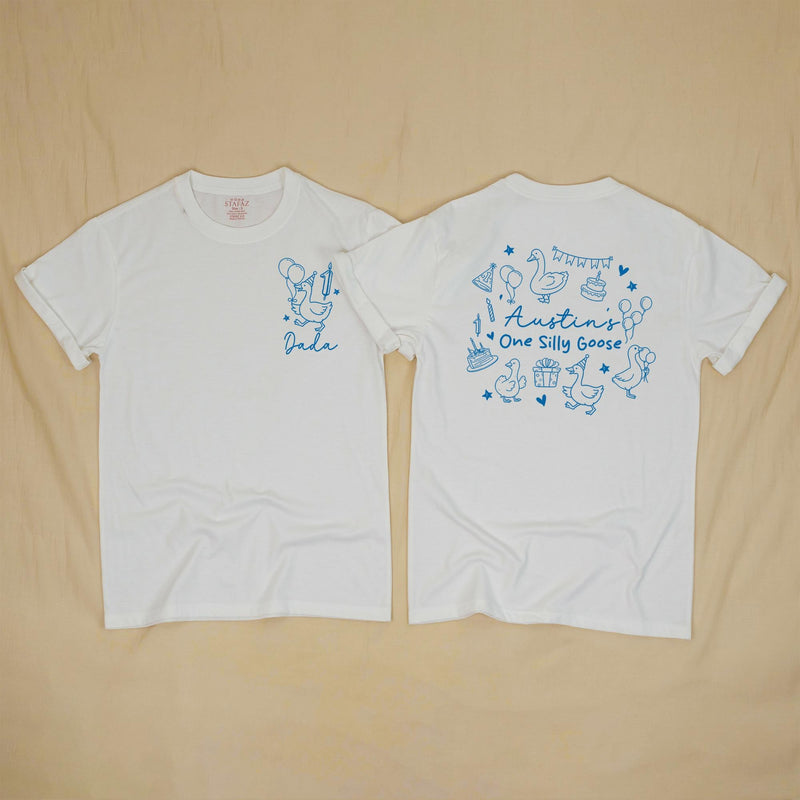 Custom Matching Family Shirts with Silly Goose Artwork, Personalized 1st Birthday Outfit for Baby Boy, Toddler, Mom, Dad, Soft Cotton Tee