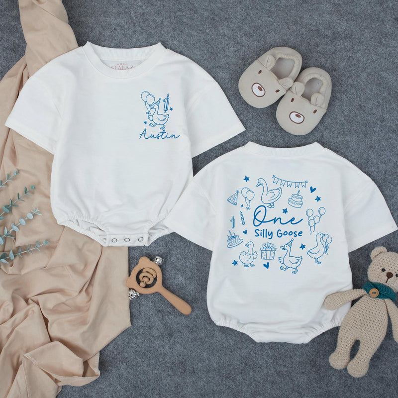 Custom Matching Family Shirts with Silly Goose Artwork, Personalized 1st Birthday Outfit for Baby Boy, Toddler, Mom, Dad, Soft Cotton Tee