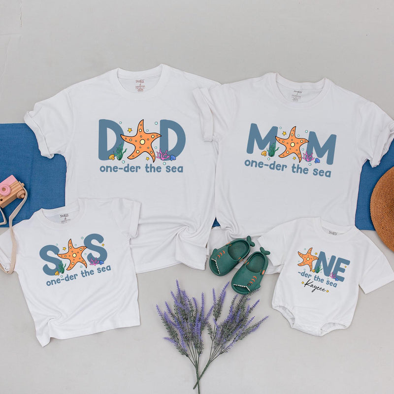 Custom Matching Family Shirts with Starfish & Sea Creatures, Baby Boy 1st Birthday Outfit, Soft Cotton Tee for Mom, Dad, Kids, and Toddler