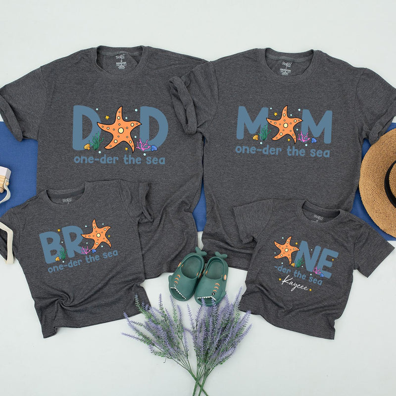 Custom Matching Family Shirts with Starfish & Sea Creatures, Baby Boy 1st Birthday Outfit, Soft Cotton Tee for Mom, Dad, Kids, and Toddler