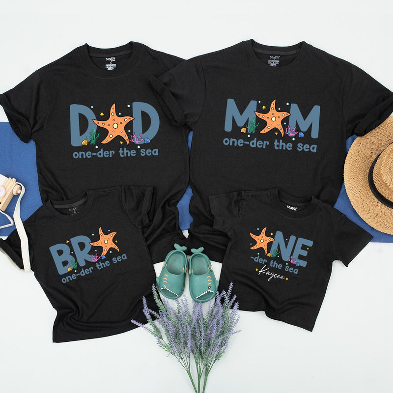 Custom Matching Family Shirts with Starfish & Sea Creatures, Baby Boy 1st Birthday Outfit, Soft Cotton Tee for Mom, Dad, Kids, and Toddler
