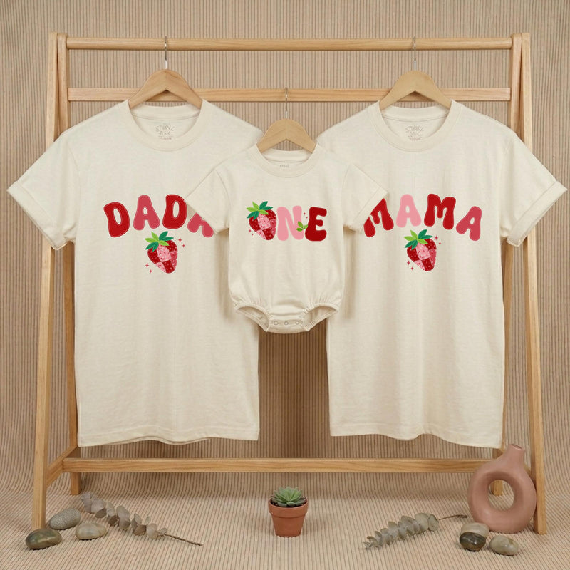 Custom Matching Family Strawberry Birthday Shirts, Sweet One Baby Bodysuit, Mom Dad First Birthday Outfit, Soft Cotton Party Tees