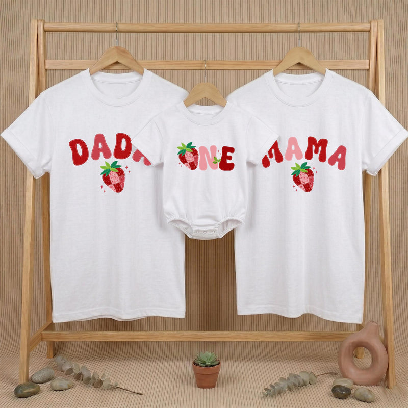 Custom Matching Family Strawberry Birthday Shirts, Sweet One Baby Bodysuit, Mom Dad First Birthday Outfit, Soft Cotton Party Tees