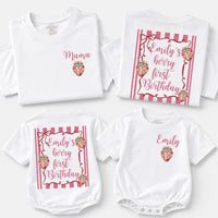 Custom Matching Family Strawberry Shirts and Baby Romper for Berry First Birthday, Soft Cotton Outfit, Personalized Name, Sizes NB–2XL