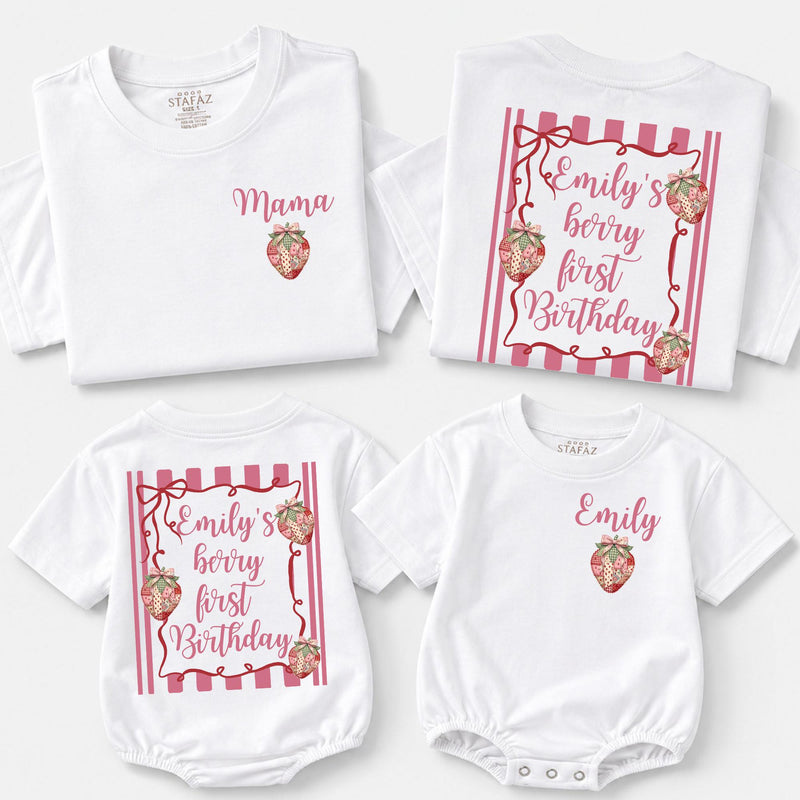 Custom Matching Family Strawberry Shirts and Baby Romper for Berry First Birthday, Soft Cotton Outfit, Personalized Name, Sizes NB–2XL