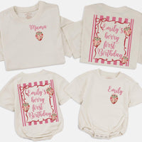 Custom Matching Family Strawberry Shirts and Baby Romper for Berry First Birthday, Soft Cotton Outfit, Personalized Name, Sizes NB–2XL