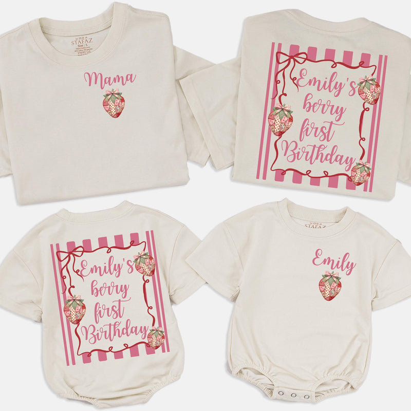 Custom Matching Family Strawberry Shirts and Baby Romper for Berry First Birthday, Soft Cotton Outfit, Personalized Name, Sizes NB–2XL
