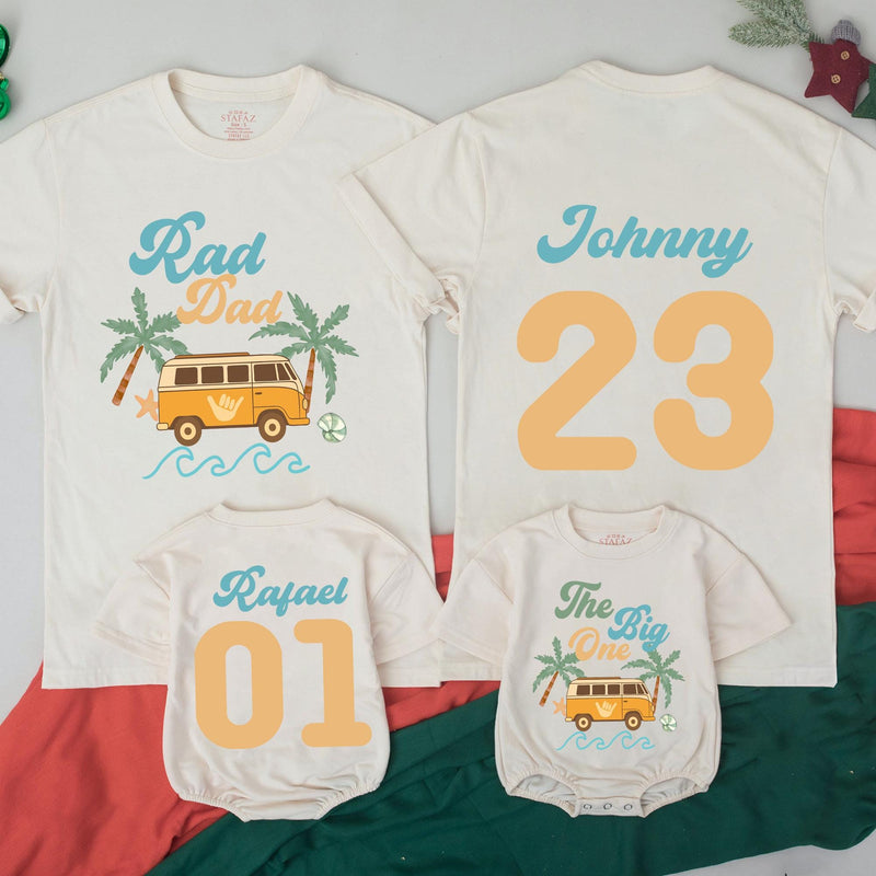 Custom Matching Family Surfing Birthday Shirts, Retro Beach Van Design, The Big One Baby Romper, Rad Dad Tee, Personalized for First Birthday