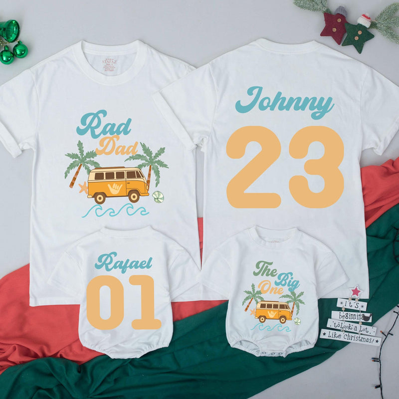 Custom Matching Family Surfing Birthday Shirts, Retro Beach Van Design, The Big One Baby Romper, Rad Dad Tee, Personalized for First Birthday